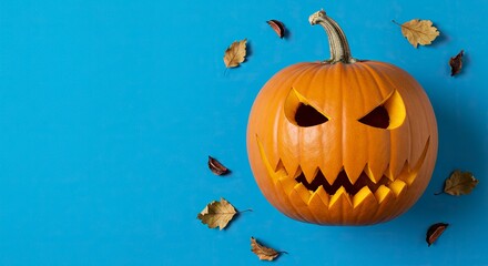 A carved pumpkin with sharp teeth  angular eyes sits amidst scattered leaves on a blue backdrop