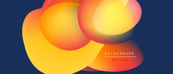 Abstract fluid shapes overlap, creating vibrant orange, yellow gradients. Dark blue background provides contrast. Modern design element.
