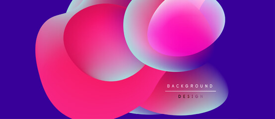 Abstract fluid shapes overlap, creating vibrant pinks, blues. Background is dark purple. Design suggests movement, energy. Modern aesthetic.