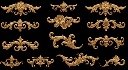 A collection of twelve golden baroque ornaments on a black background