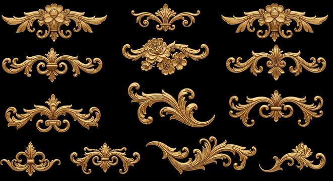 A collection of twelve golden baroque ornaments on a black background