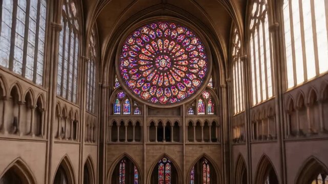 Majestic Cathedral Interior with Rose Window - Sunlight streams through the stained-glass windows of a grand cathedral, illuminating the ornate architecture and rows of empty pews.