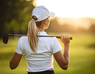 Woman golfer at sunset