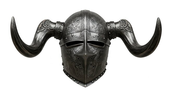 A detailed ornate dark metal horned helmet on a white background