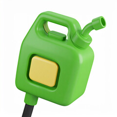 Green plastic jerrycan with yellow button and black hose on white background gas can