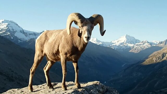 A ram stands on a rocky ledge with large curved horns against a backdrop of snowy mountain peaks and a blue sky
