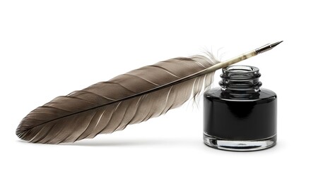 A grey quill pen rests against an inkwell filled with black ink on a white surface