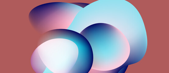 Abstract shapes overlap, creating soft gradients. Pink background complements blue, purple hues. Minimalist design evokes fluidity, calmness.