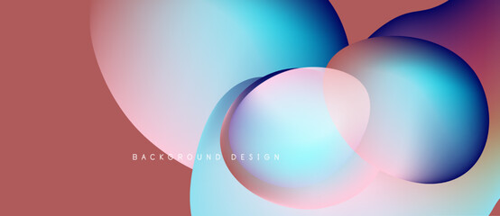 Abstract fluid shapes overlap, creating vibrant color gradients. Peach background complements blue, pink hues. Modern design element.