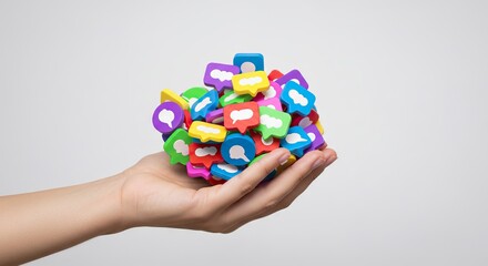 A hand holding a colorful cluster of speech bubble icons