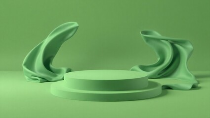 Minimalist green stage with flowing fabric for product display