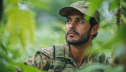 Man in Camouflage in Lush Green Forest, Focused Gaze