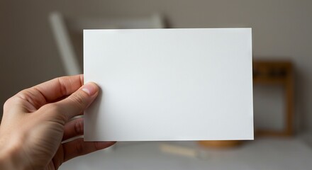 A hand holds a blank white rectangular card against a blurred background