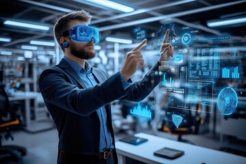 Businessman in VR Headset Interacting with Holographic Data in Modern Office