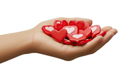 A hand holds red hearts some with white heart icons against a white background