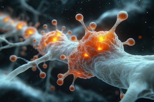 Active Biological Cells or Neural Network with Luminous Cores, Microscopic View