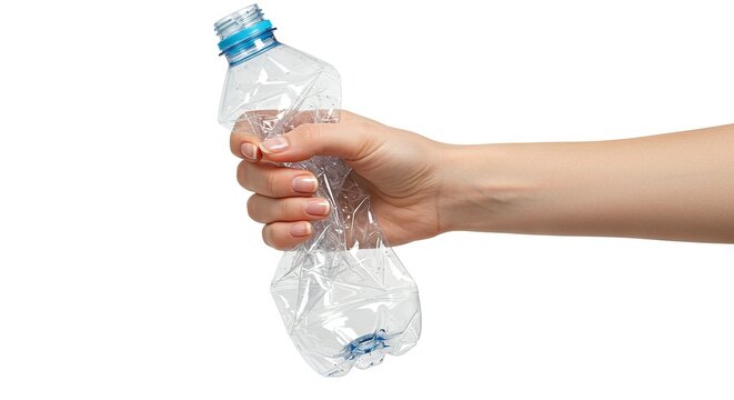A hand squeezes a crumpled clear plastic bottle with a blue cap against a white background