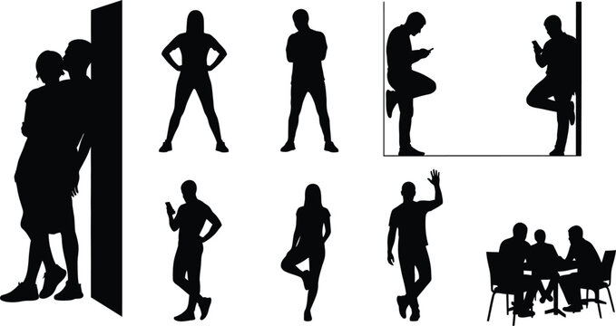 Vector art of silhouettes of people using phones, leaning against walls, sitting, and talking in groups, 