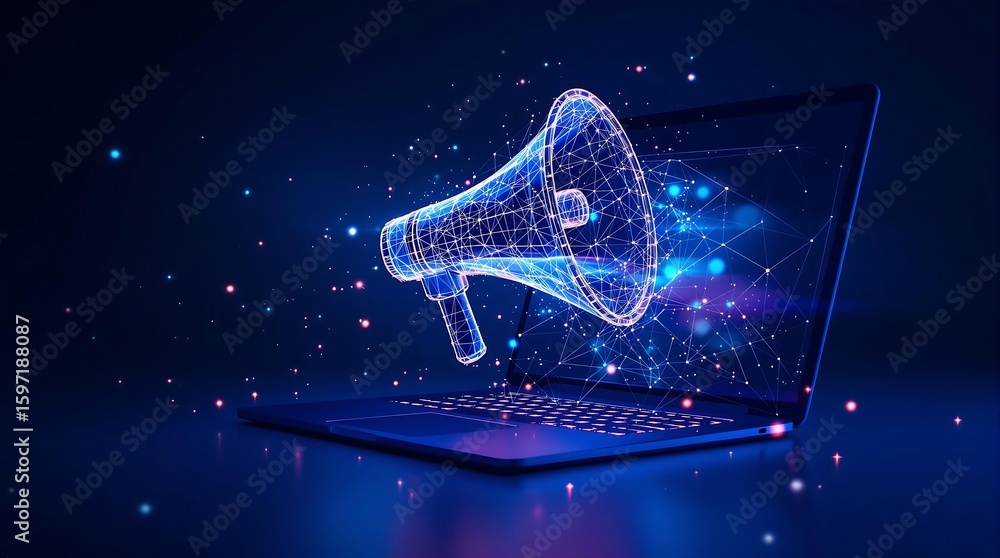 Poster digital megaphone emerging from a laptop screen with a network of glowing connections around it