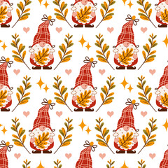Cute autumn gnomes, seamless vector pattern. Elves with beards hold yellow oak leaves. Dwarves in checkered hats, branches with colorful foliage. Fall party background, flat ornament for Thanksgiving