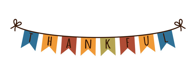 Autumn garland, vector icon. Colorful flags with congratulations hang on a string. Thankful, Thanksgiving decoration, fall party. Textile banner for seasonal celebration. Hand drawn holiday clipart
