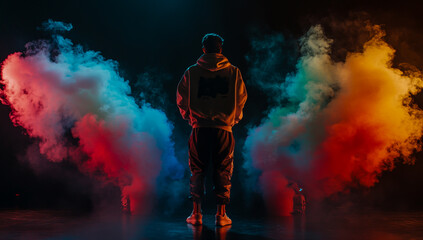 Fototapeta premium A man in a shirt stands confidently on stage, with vibrant, colorful smoke effects in the background.