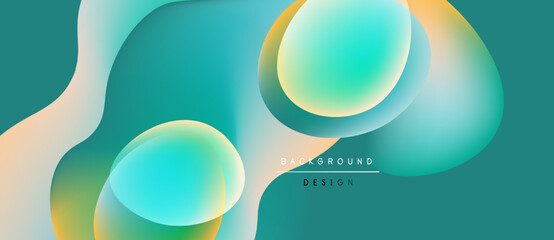 Abstract fluid shapes overlap, creating vibrant teal, yellow gradients. Modern design element for backgrounds, presentations. Smooth transitions visible.