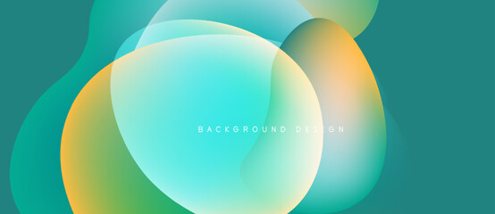 Abstract fluid shapes overlap, creating vibrant color gradients. Teal, orange, turquoise blend seamlessly. Modern design element.