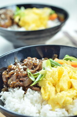 Yakiniku, grilled beef meats topped on a bowl of rice with vegetables, in the local restaurant Jakarta