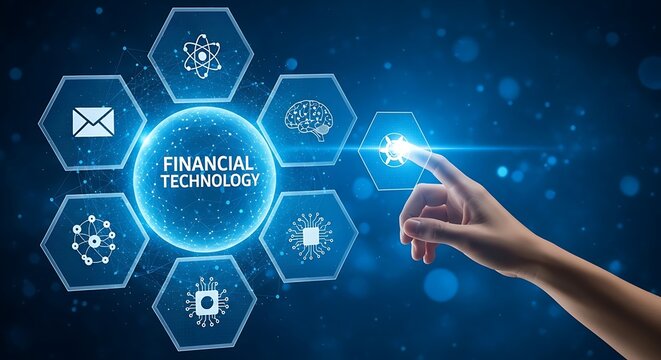 Hand Touching Glowing Financial Technology Sphere Surrounded by Abstract Hexagonal Icons - Powered by Adobe