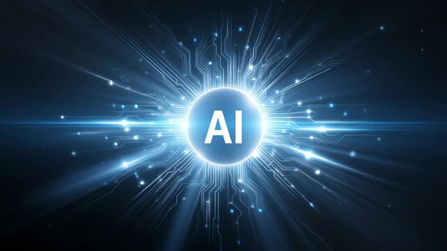 AI at the center of a radiating network, symbolizing technological advancement, complexity, and intelligent integration.