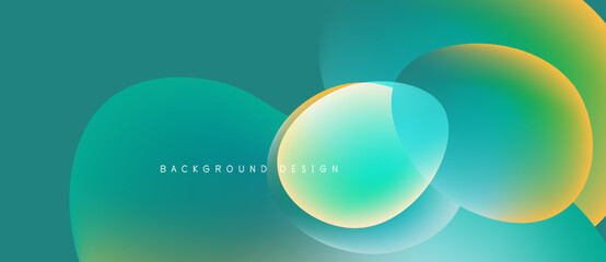 Abstract background features overlapping circles, vibrant gradients. Teal, yellow hues create modern visual effect. Smooth transitions dominate composition.