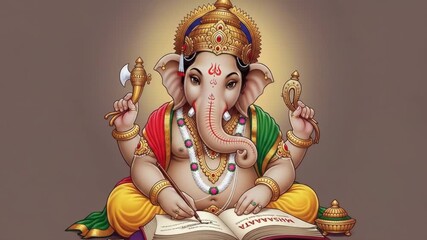 Ganesha Writing in Ancient Text - A detailed illustration of Lord Ganesha, the Hindu god of wisdom and beginnings, seated and writing in an ancient book.