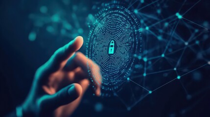A hand reaching towards a fingerprint scan with a padlock in the center on a connected network design