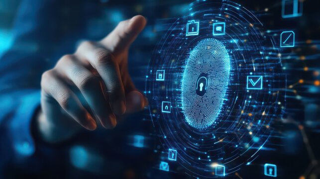 Hand interacting with digital fingerprint lock surrounded by blue icons and glowing lines