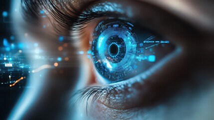 Close up of a human eye with a digital interface overlayed on the iris and surrounding area