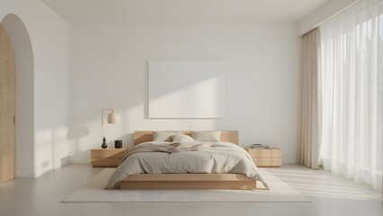 Serene Minimalist Bedroom Interior: Light Wood Platform Bed, Neutral Textiles, and Sunlit Ambiance.