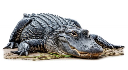 Relaxing Alligator Resting on Tan Sand with Dry Grass