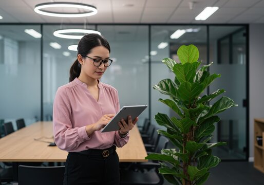 Asian businesswoman using tablet in modern office space