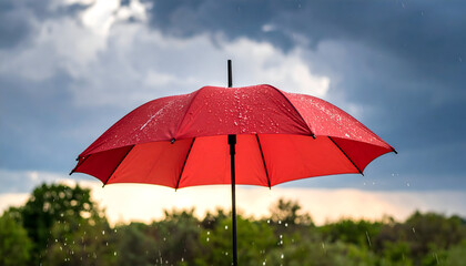 Vibrant red umbrella shielding from rain against a cloudy sky backdrop