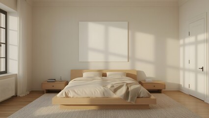 Serene Minimalist Bedroom: Light Beige Walls, Wooden Platform Bed, Blank Canvas Mockup, Natural Light, Calm Atmosphere.