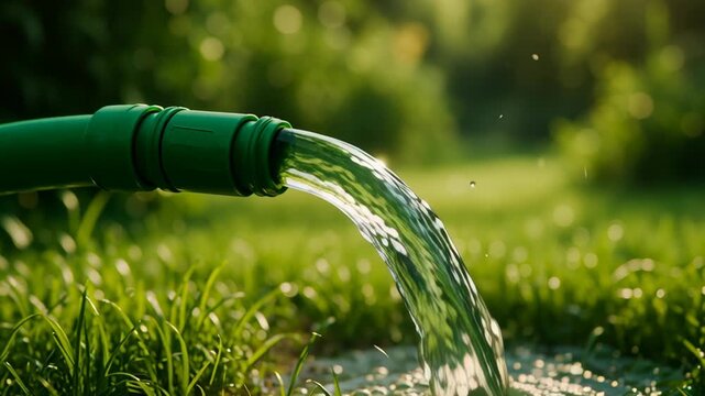 Green hydrogen infrastructure. Garden hose pouring clear water on fresh green grass in bright natural outdoor sunlight with vibrant nature background