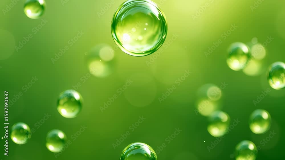 Poster green hydrogen infrastructure. green transparent round bubbles floating in smooth soft light with br