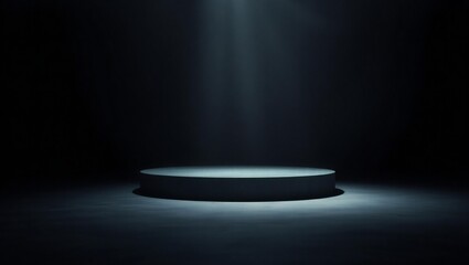 A circular stage illuminated by a single dramatic spotlight in darkness