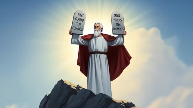God on Mountaintop with Ten Commandments - A digital illustration depicts a figure resembling God standing atop a mountain, holding two tablets inscribed with the Ten Commandments.