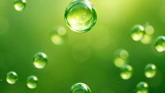 Green hydrogen infrastructure. Green transparent round bubbles floating in smooth soft light with bright fresh vibrant atmosphere and calm blurred background