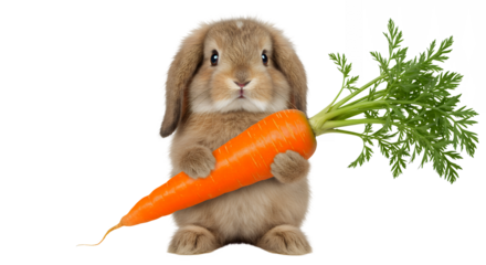 Cute Brown Rabbit Holding Large Orange Carrot on Transparent Background