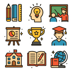 Flat Style Detailed Education and School Supplies Elements Icon Illustration