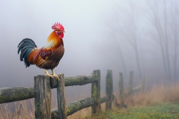 Rooster with bright feathers stands atop a mossy wooden fence in the morning fog. Use for agriculture, rural themes, or to illustrate farm fresh food.