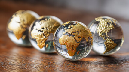Globe figurines with golden continents on wooden surface, symbolizing global investment and international markets